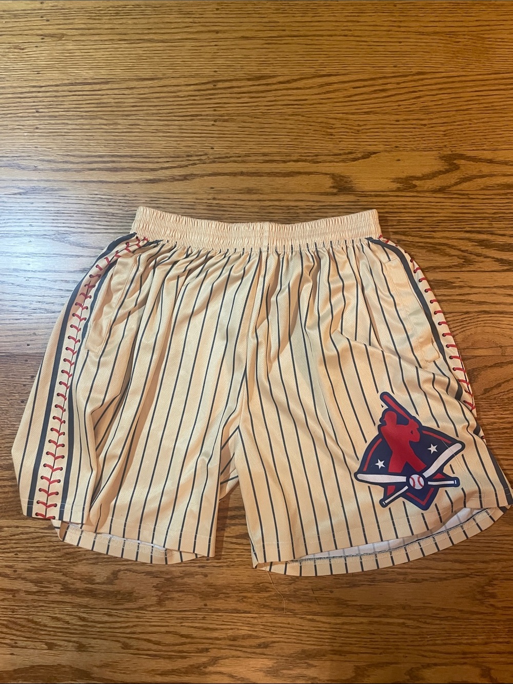 Men's Cream Pinstripe Athletic Shorts with Red & Navy Accent